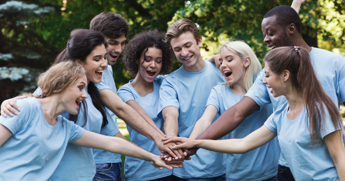 Group of event volunteers working together